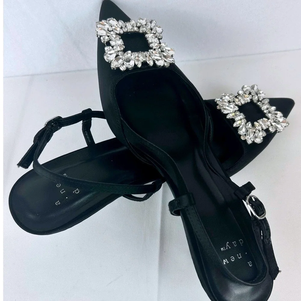 A New Day Black Satin Crystal Buckle Pointed Toe Slingback Kitten‎ Heels 8.5